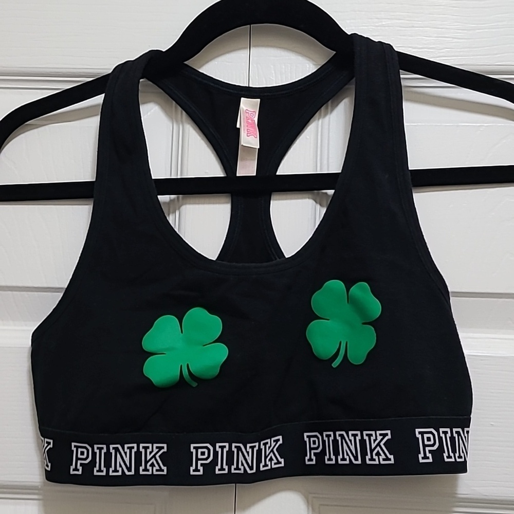 PINK VICTORIA’S SECRET BLACK GREEN CLOVER‎ FRONT SIZE LARGE SPORTS BRA